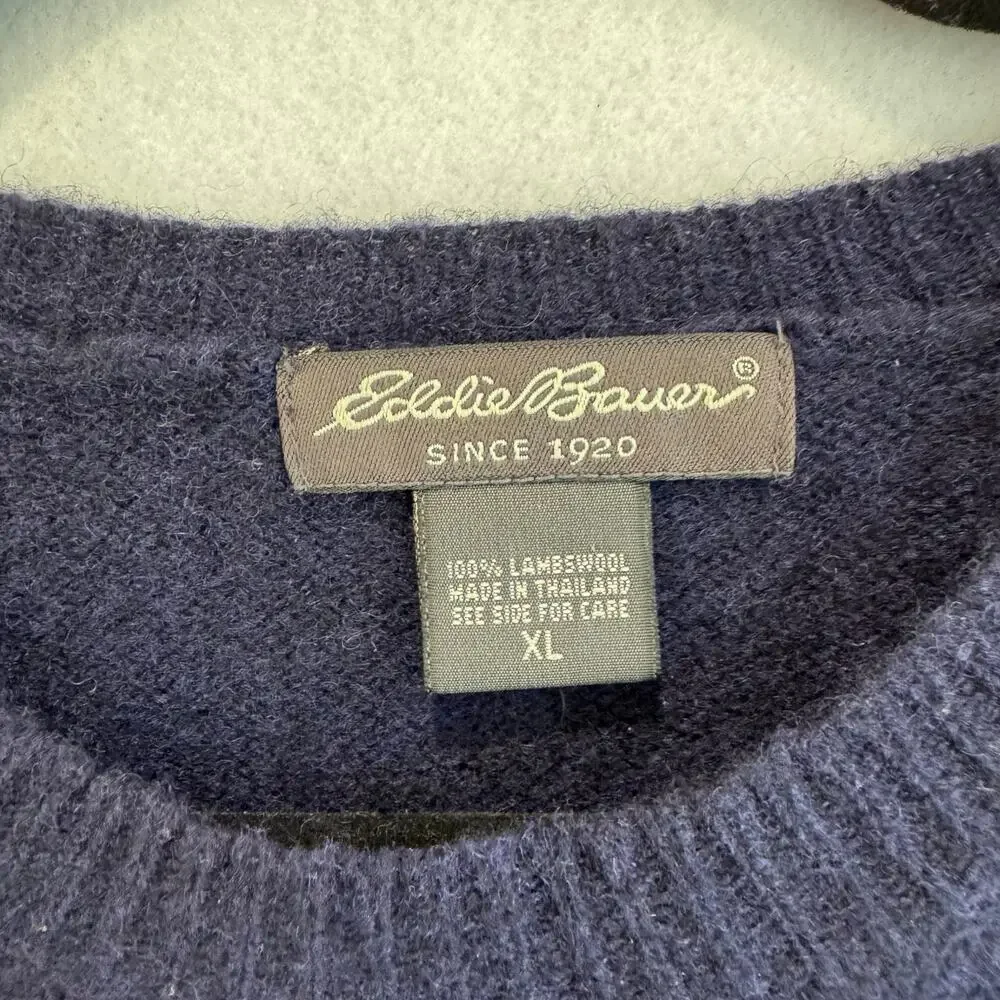 Vintage Eddie Bauer Lambswool Sweater XL Men’s Navy Blue Crewneck 90s Outdoor